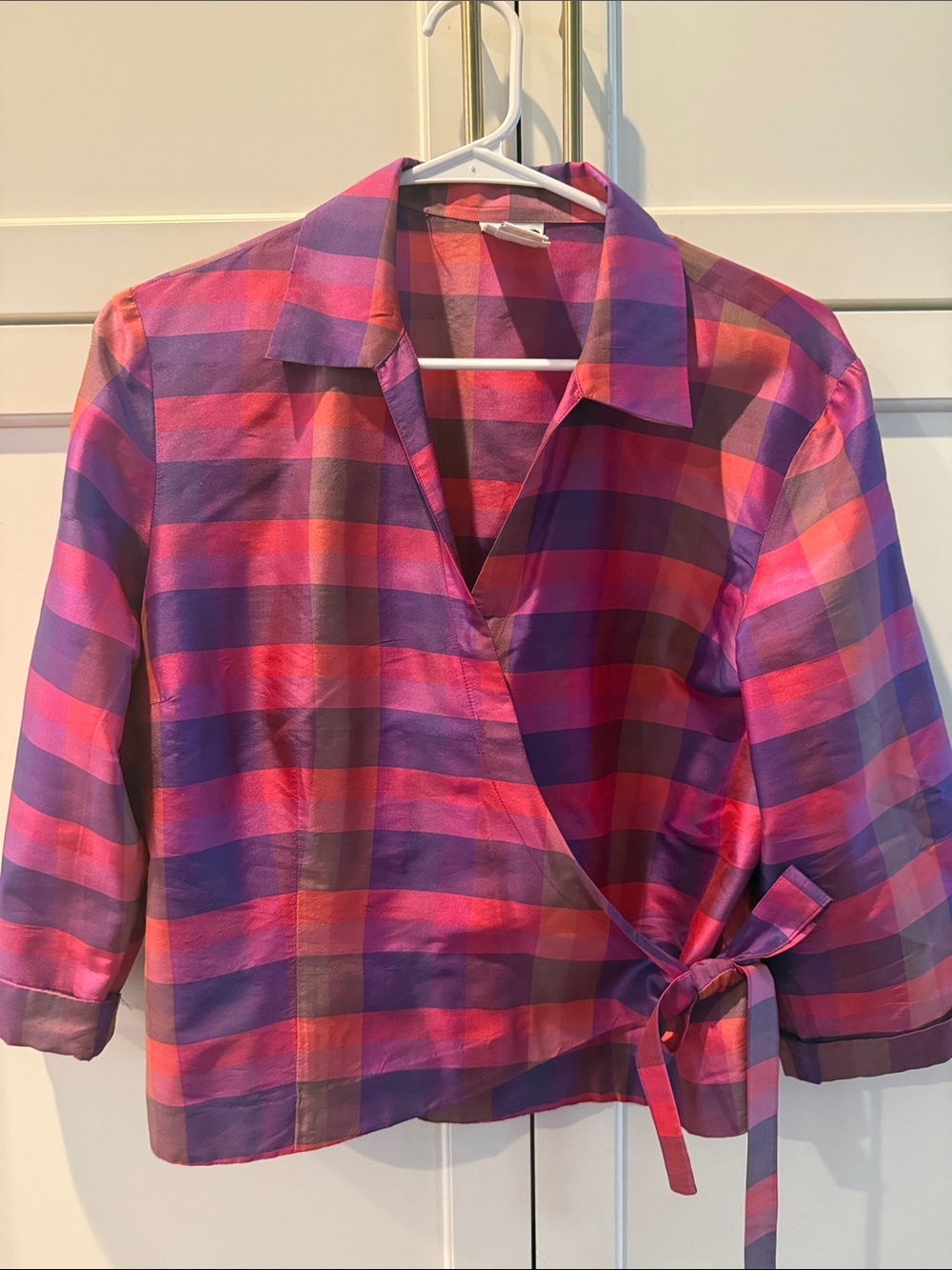 Clio Pink & Purple Plaid Wrap silk Blouse large